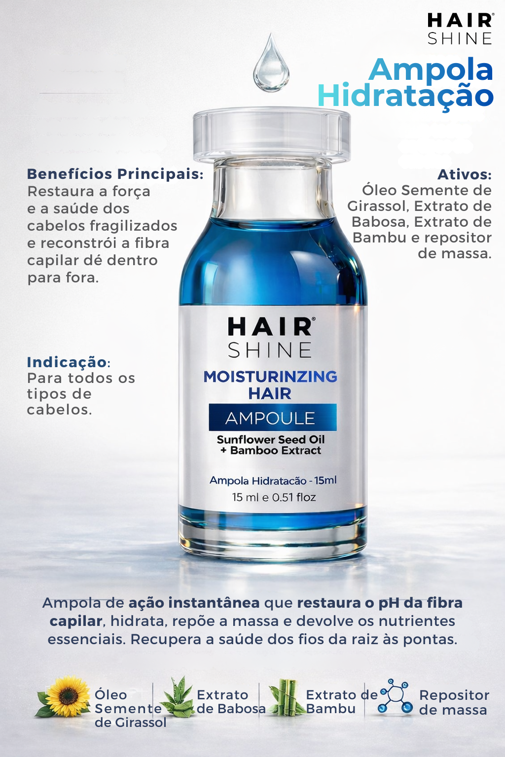 Kit Hair Shine Ampola Hidratação 15ml- 6 Uni.